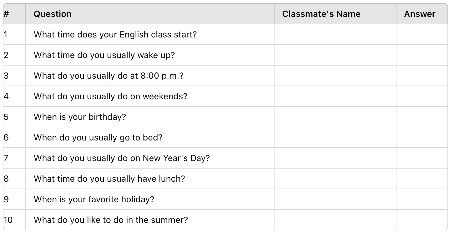 Prepositions of Time (Zaman Edatları) aktivitesi